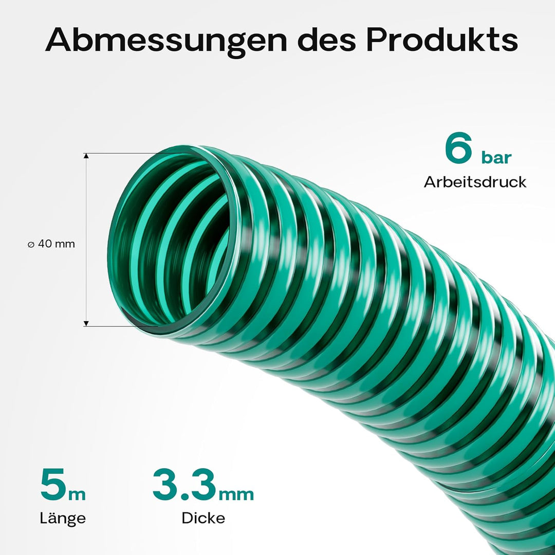 Wiltec Saugschlauch Druckschlauch 5m, flexibel, 40mm (1 1/2") grün - Made in Europe, zum Anschluss a