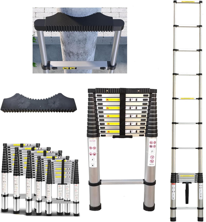 Hooha Klappleiter Auszugsleiter Aluminium 3,9m/5,1m/6,3m mit Anti-rutsch Gummipuffer, Teleskopleiter