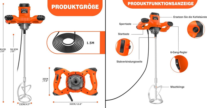 Orange Rührwerk mit starken 2600 Watt – Farb-Mörtelrührer Betonrührer – robustes 6-Gang-Metallgetrie