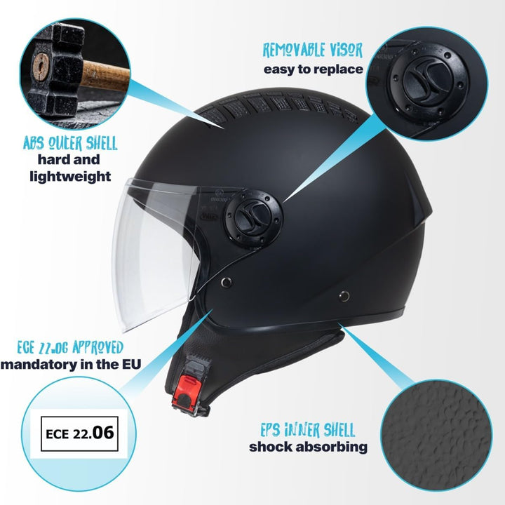VINZ Como Jethelm mit Visier Herren und Damen | in Gr. XS-XL | Roller Helm Jet Helm Mopedhelm | ECE