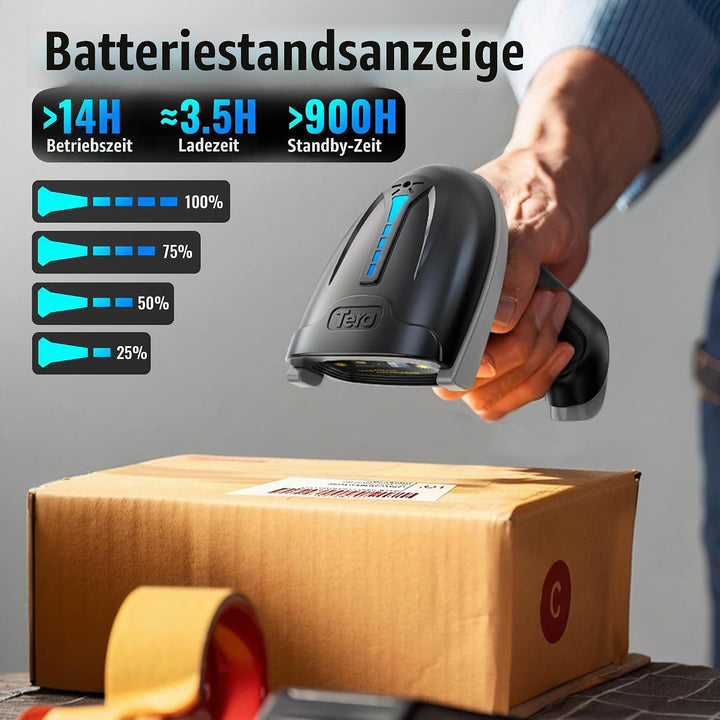 Tera Kabelloser Barcodescanner Handheld 1D Laser Wireless und USB Wired mit Akkustandsanzeige, Extra