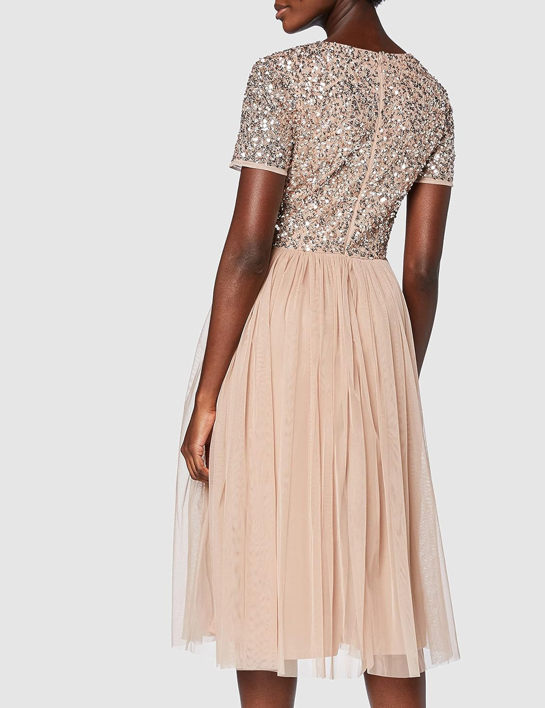 Maya Deluxe Damen Midi-Kleid mit V-Ausschnitt, Verziert Brautjungfernkleid Taupe Blush 42, Taupe Blu