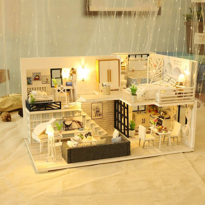 GuDoQi DIY Puppenhaus Miniatur Kit, 3D Hölzernes Puppenhaus Bausatz mit Möbeln und Musik und LED-Lic