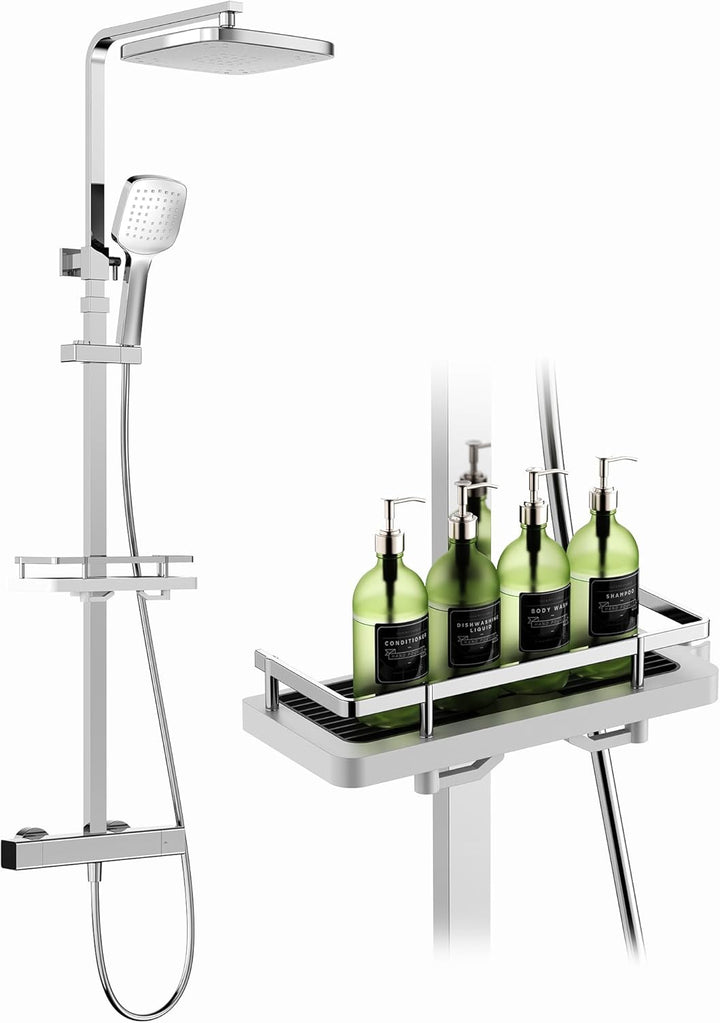 HOMELODY Duschsystem mit Thermostat & Duschablage Chrom - Duscharmatur Komplettset mit Handbrause &