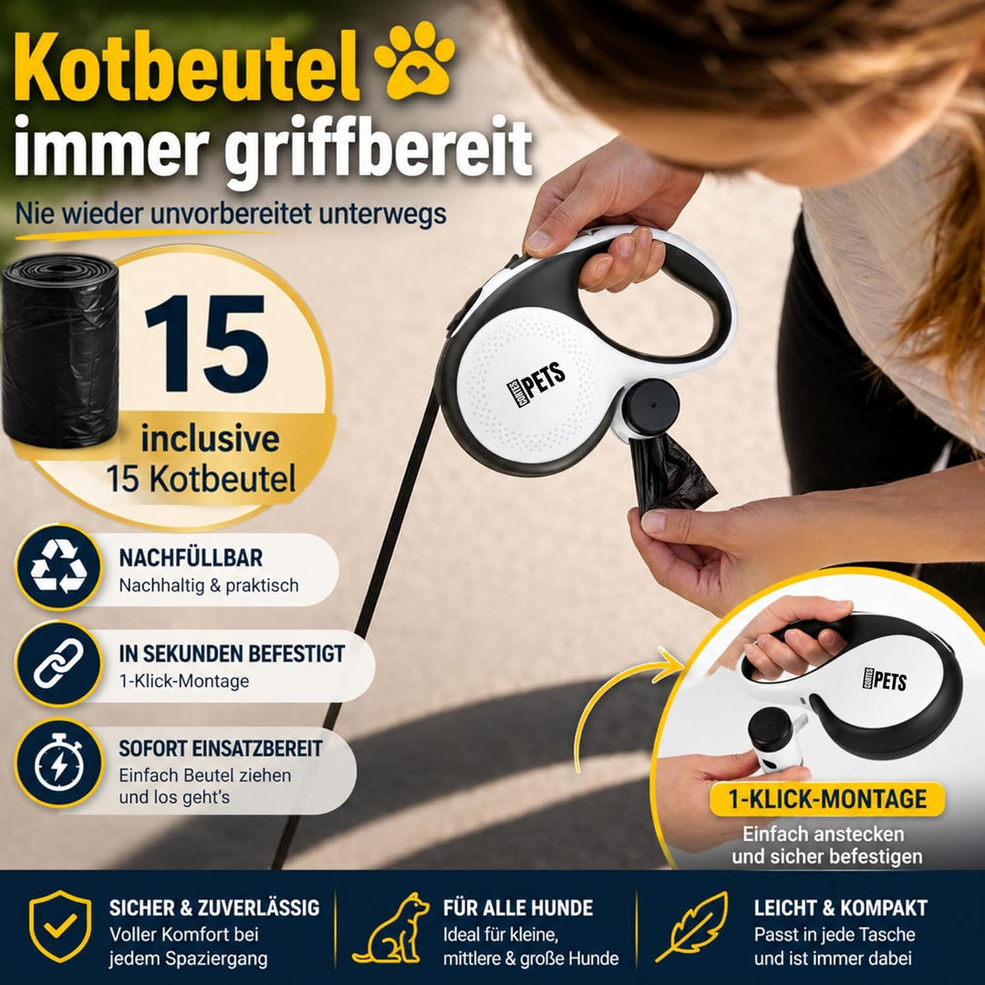 CORTESPETS® Rollleine – Hundeleine mit Kotbeutel – Ausziehbar bis zu 5 m – Für grosse und mittelgros