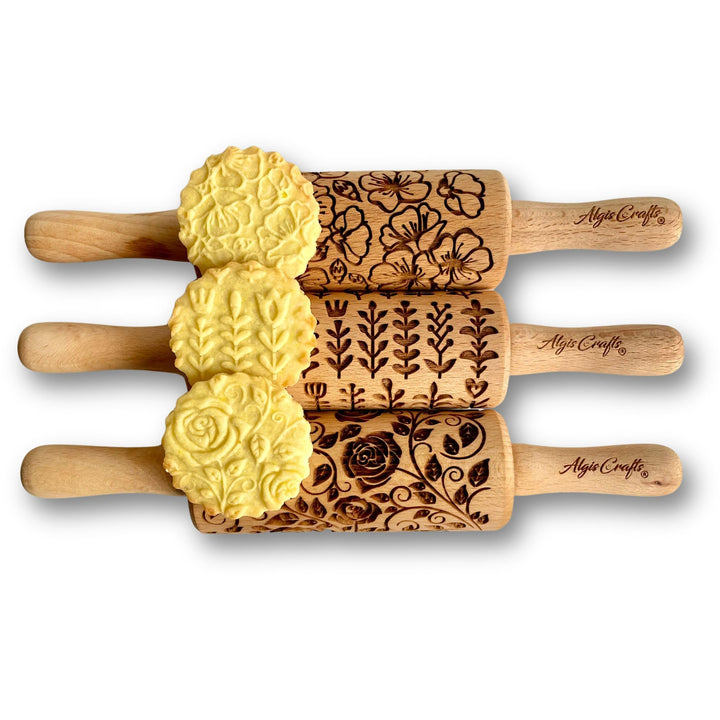 GARTENBLUMEN 3-er SET Kinder Nudelhölzer für hausgemachtes Gebäck. Teigrolle mit Blumen- Rosen, Saku
