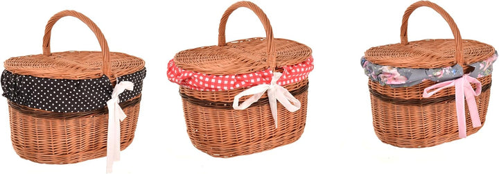 Picknickkorb mit Deckel 40 cm – Einkaufskorb Weide mit Henkel & Stoffeinlage (3 Designs) – Weidenkor