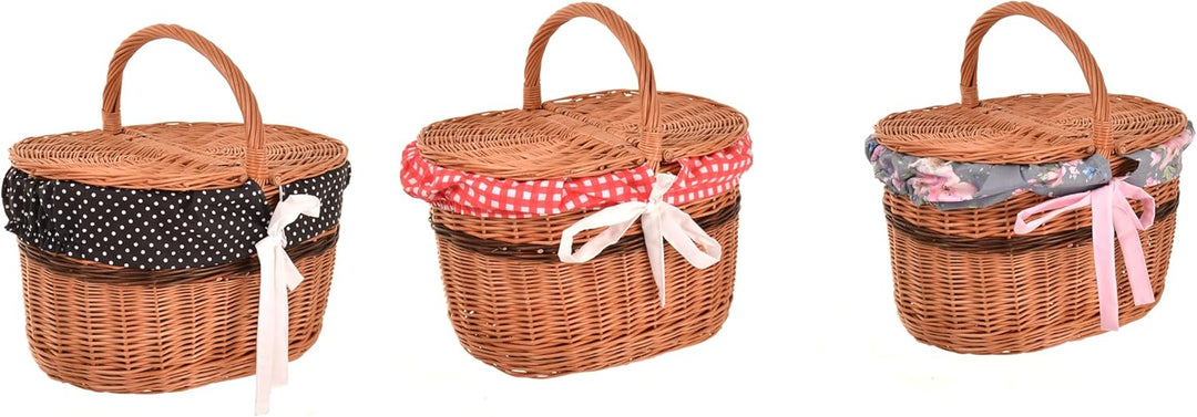 Picknickkorb mit Deckel 40 cm – Einkaufskorb Weide mit Henkel & Stoffeinlage (3 Designs) – Weidenkor