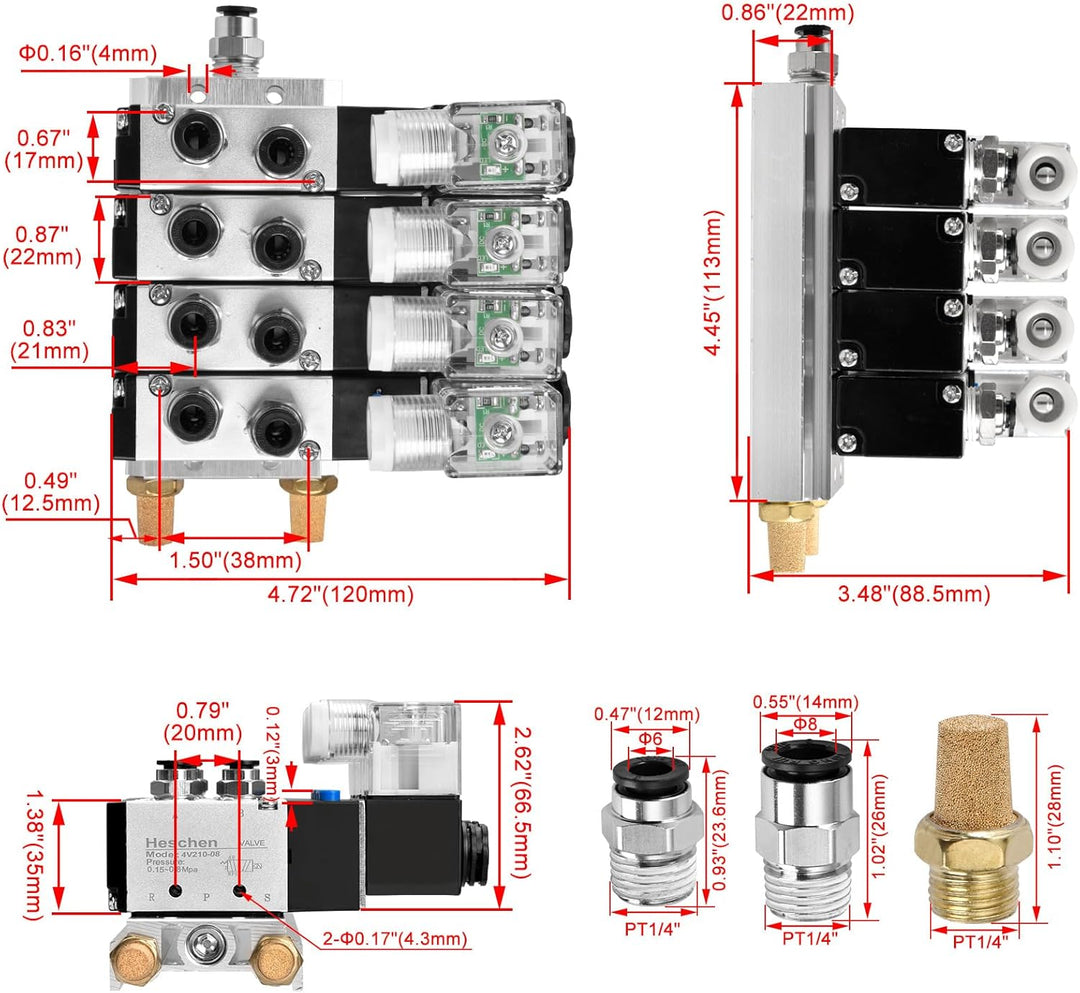 Heschen Elektrisches pneumatisches 4 Magnetventil, 4V210-08, DC12V, PT1/4, 5-Wege 2 Positionen Krümm