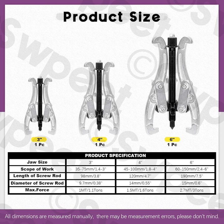 Swpeet 4 Stück 7,6 cm 10,2 cm 15,2 cm 3-Backen-Zahnradlager-Abzieher Entfernungswerkzeug Heavy Duty
