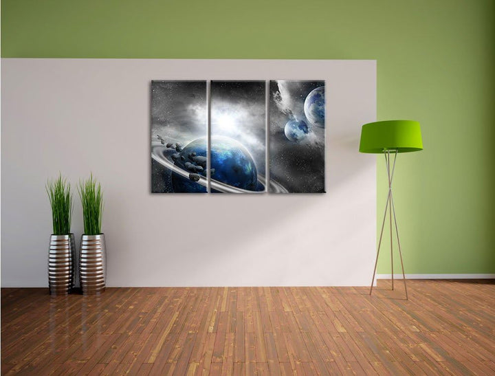 Pixxprint Planeten und Meteoriten im Weltraum B&W Detail als Leinwandbild/Grösse: 3 Teilig (120x80 c