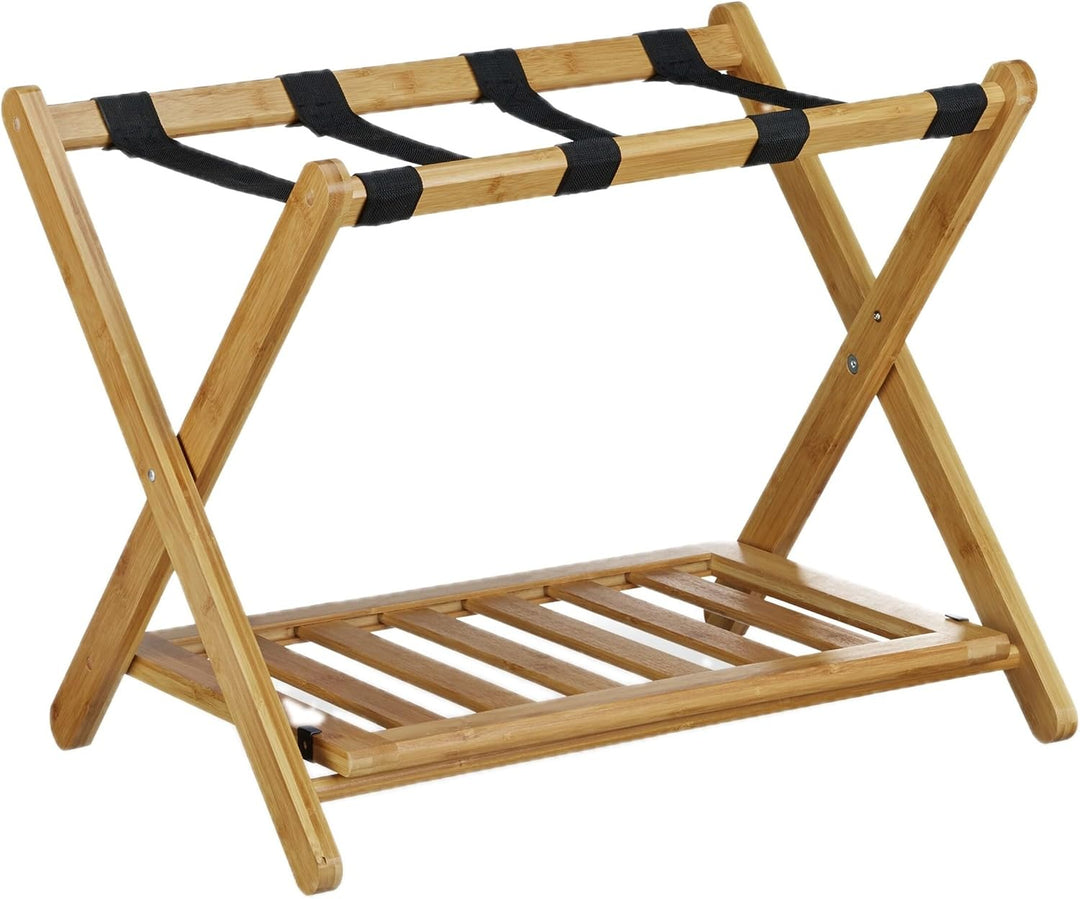 Relaxdays Kofferständer Bambus, klappbar, für Koffer &amp; Reisetaschen, 2 Ablagen, Gepäckablage, HBT 53