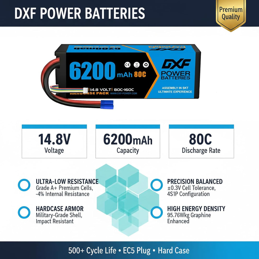 DXF 4S LiPo EC5 Akku 14,8V 80C 6200mAh Hardcase Batterie mit EC5 Steck für RC Auto, RC Flugzeug, RC