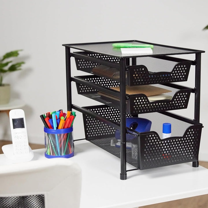 Relaxdays Schubladenregal, stapelbarer Büro Organizer, 3 Ausziehkörbe, Metall, Küche, Bad, HBT: 35x2