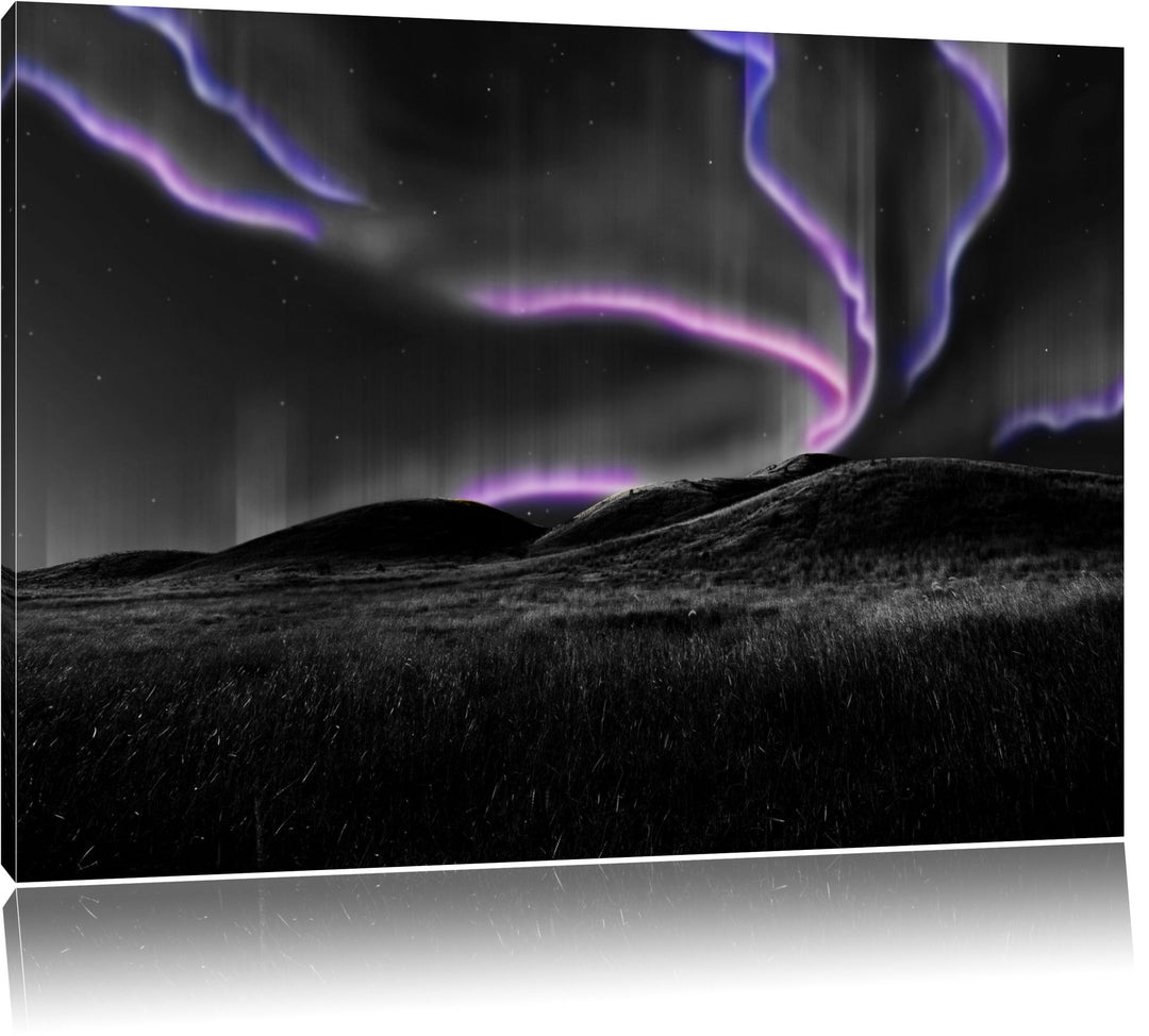 Polarlichter über Hügeln schwarz/weiss Format: 100x70 auf Leinwand, XXL riesige Bilder fertig gerahm