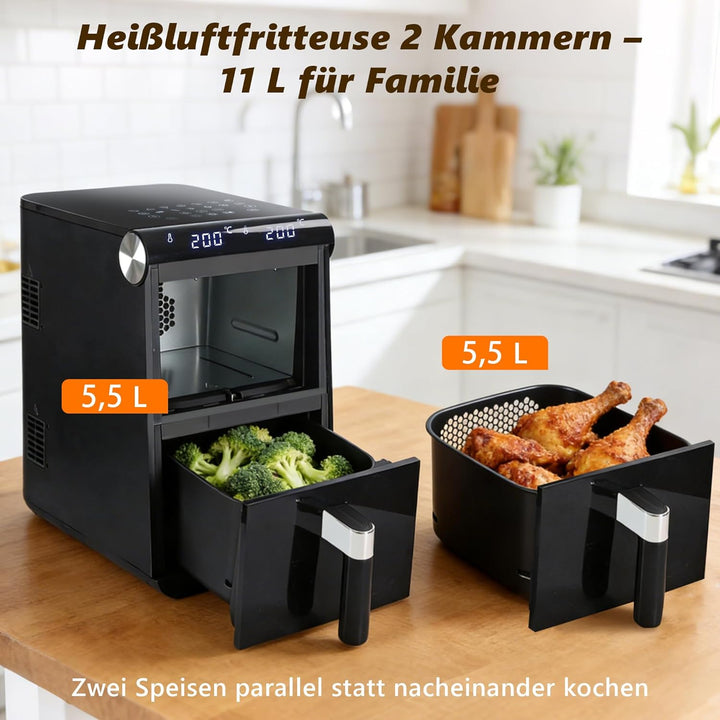 Citybee 11L XXL Heissluftfritteuse 2 Kammern, Dual-Zone Doppelkammer Turm-Airfryer mit SYNC/MATCH, 2
