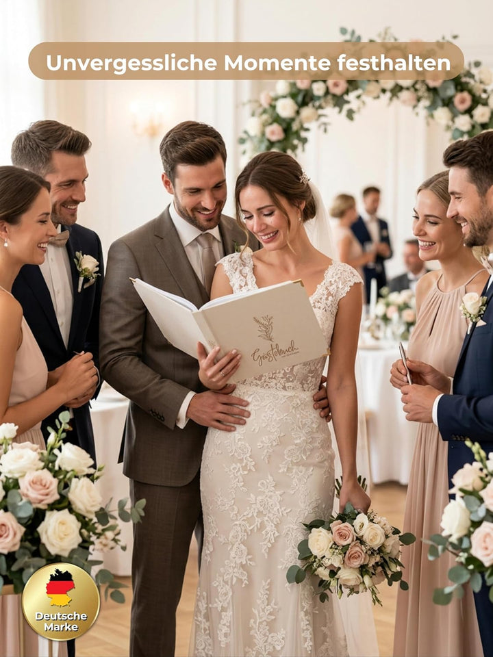 Gästebuch Hochzeit mit Fragen &amp; Blanko – Hochzeitsgästebuch beige Leinen | Hochzeitsgeschenk &amp; Erinn