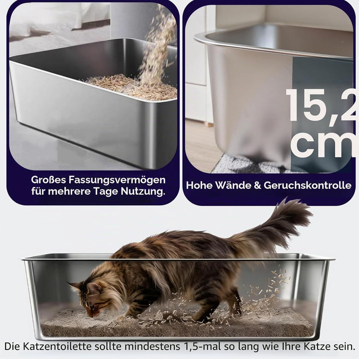 Edelstahl Katzentoilette 2er Set mit hohem Rand | geruchsneutral & leicht zu reinigen | rutschfeste