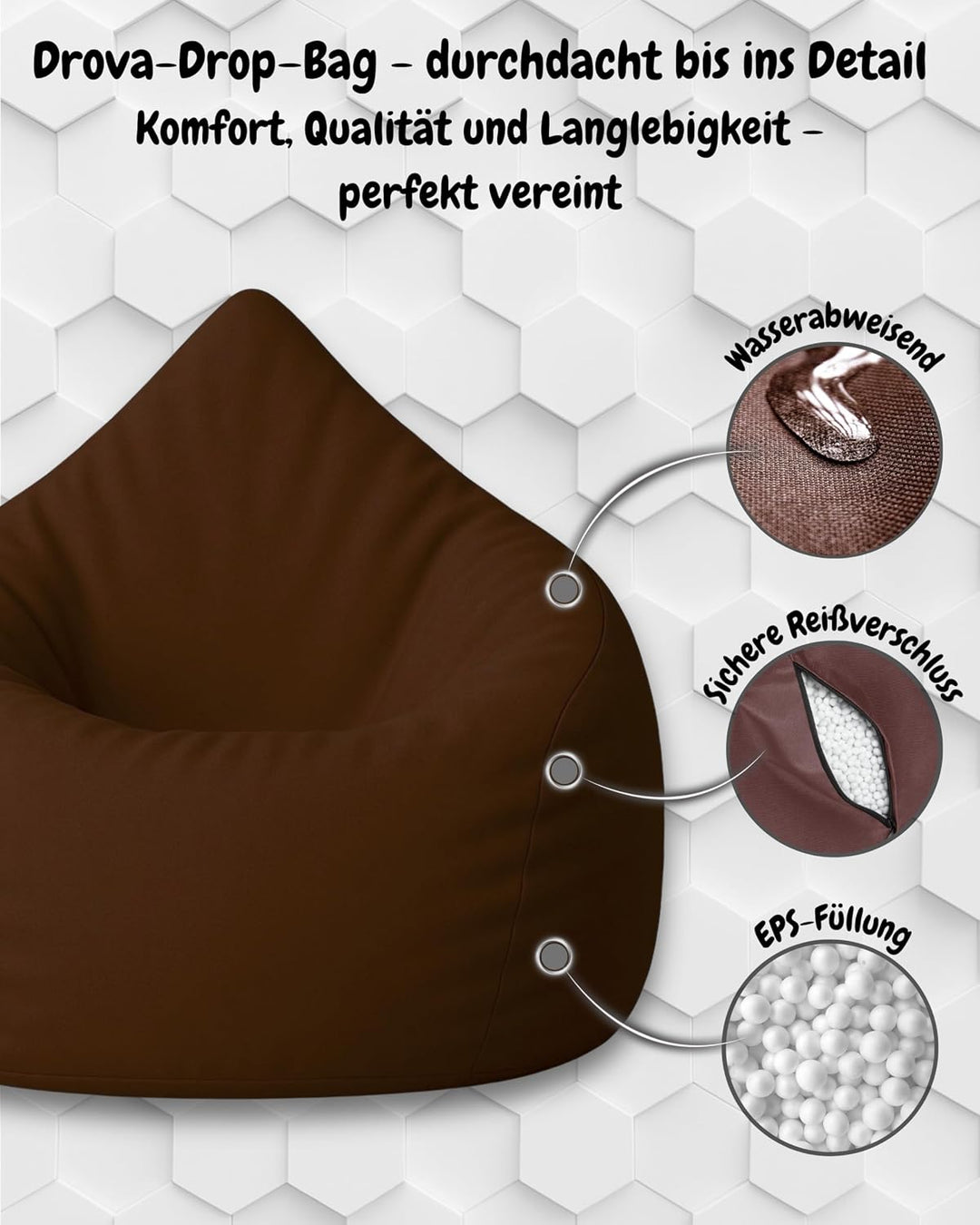 PATCH HOME Patchhome Sitzsack Tropfenform mit Reissverschluss Nachfüllbar - für In &amp; Outdoor - mit S