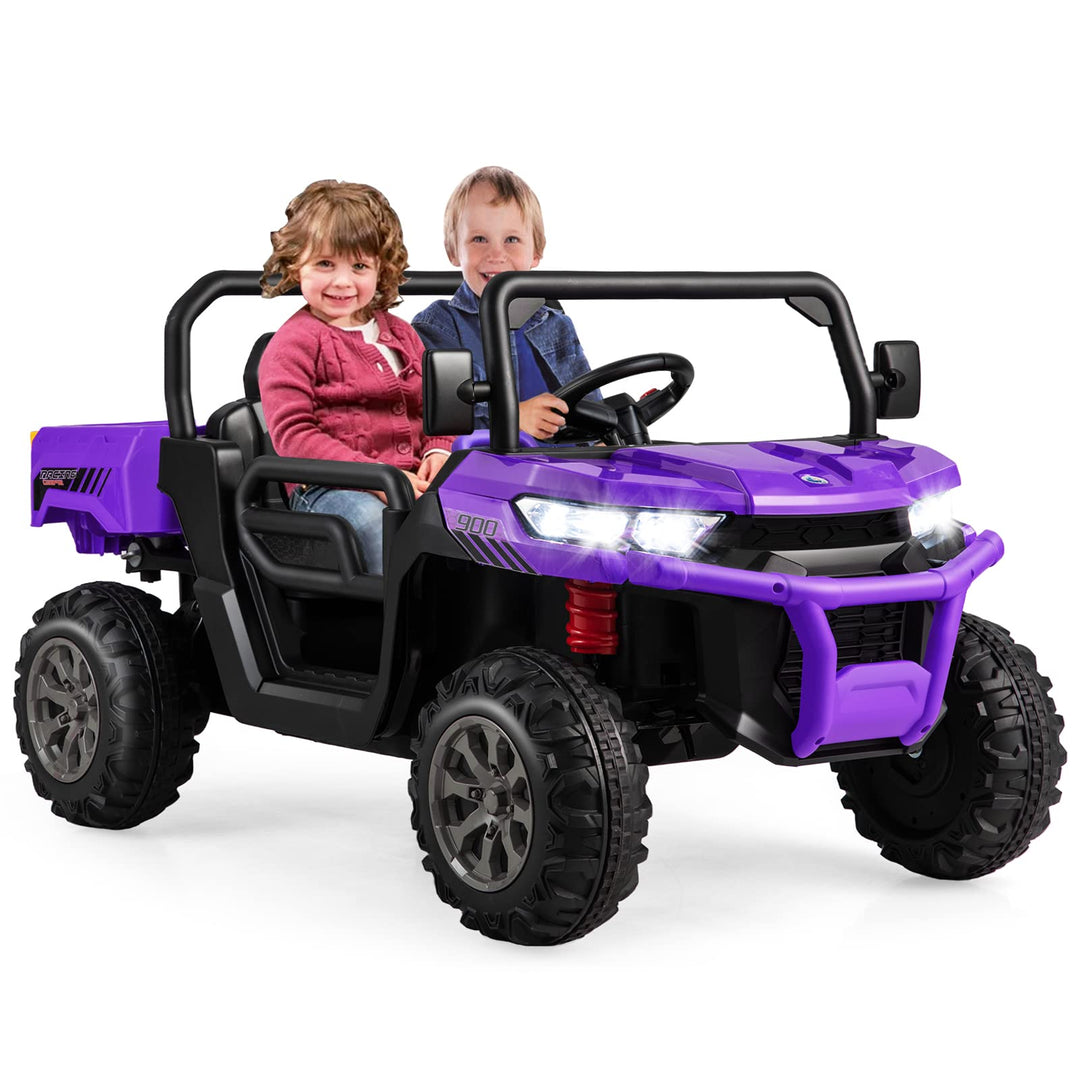 GOPLUS Kinder Elektroauto, 2-Sitzer Kinderauto mit Kippbett &amp; Schaufel, Fernbedienung, Musik, Schein