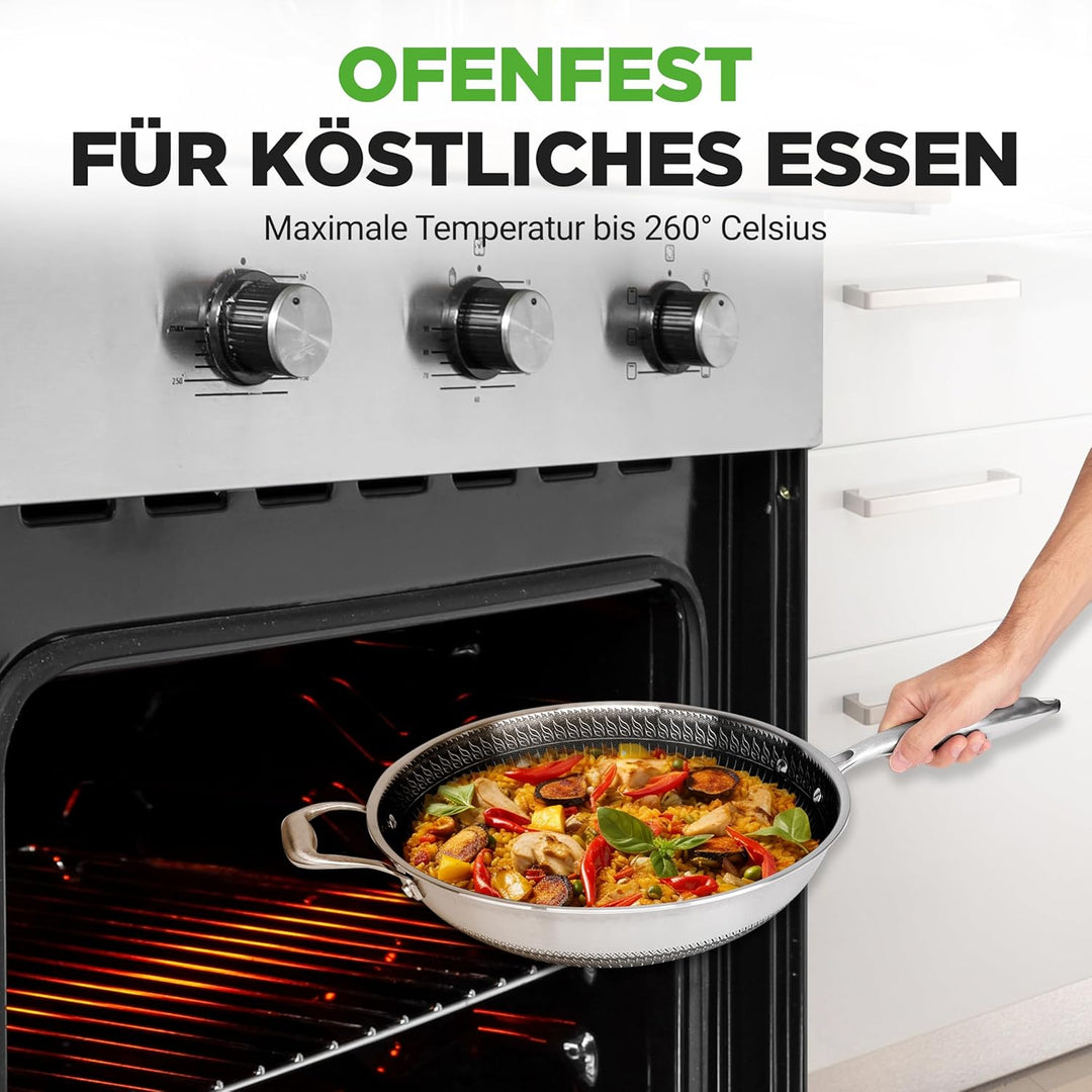 NutriChef Wokpfanne, 30cm Edelstahl Pfanne mit Kratzfester Mesh Beschichtung, Inkl. Glasdeckel, Für