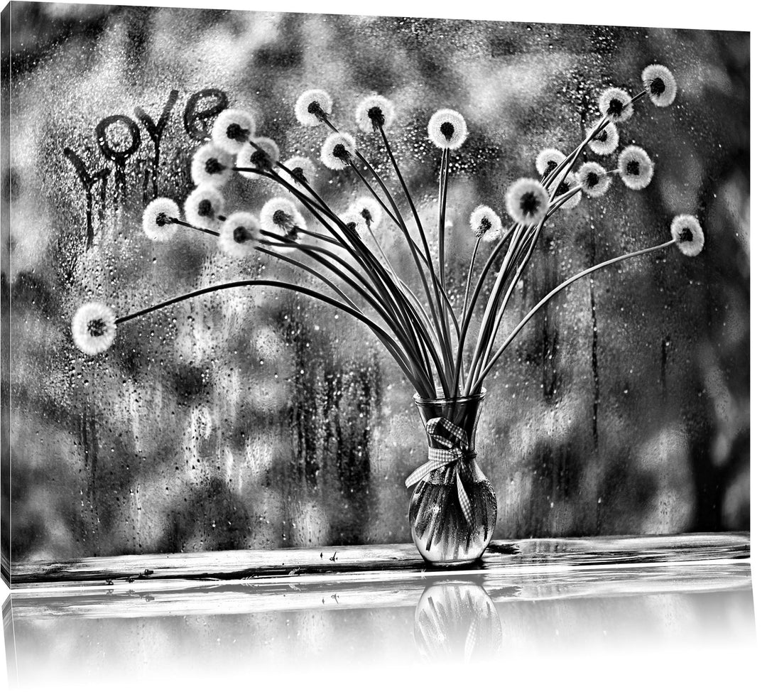 Pixxprint Monocrome, Pusteblumen am verregneten Fenster, Format: 100x70 auf Leinwand, 100x70