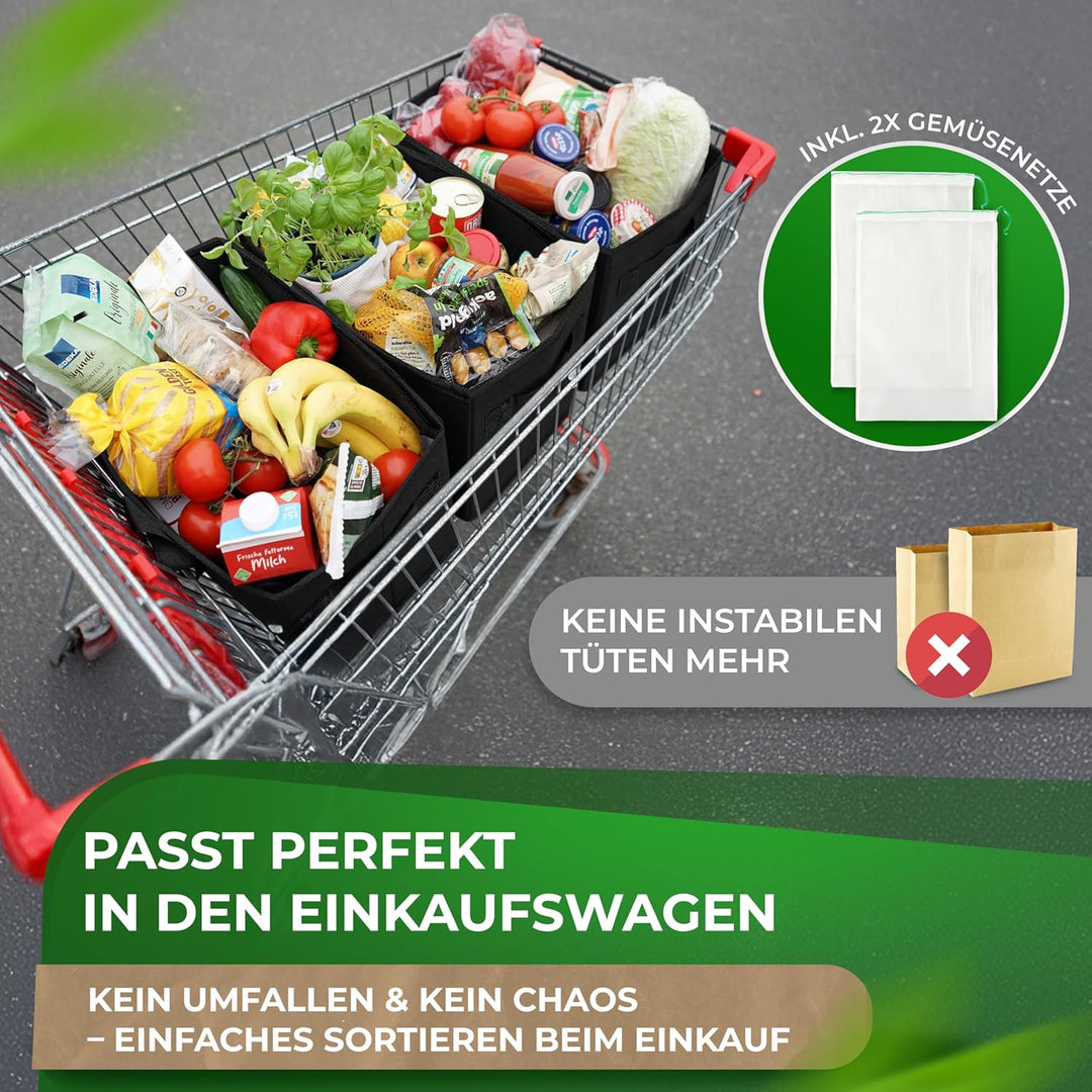 COTTARA® grosse Einkaufstasche faltbar 2er Pack & Obstnetz – stabiler grosser Einkaufskorb faltbar m