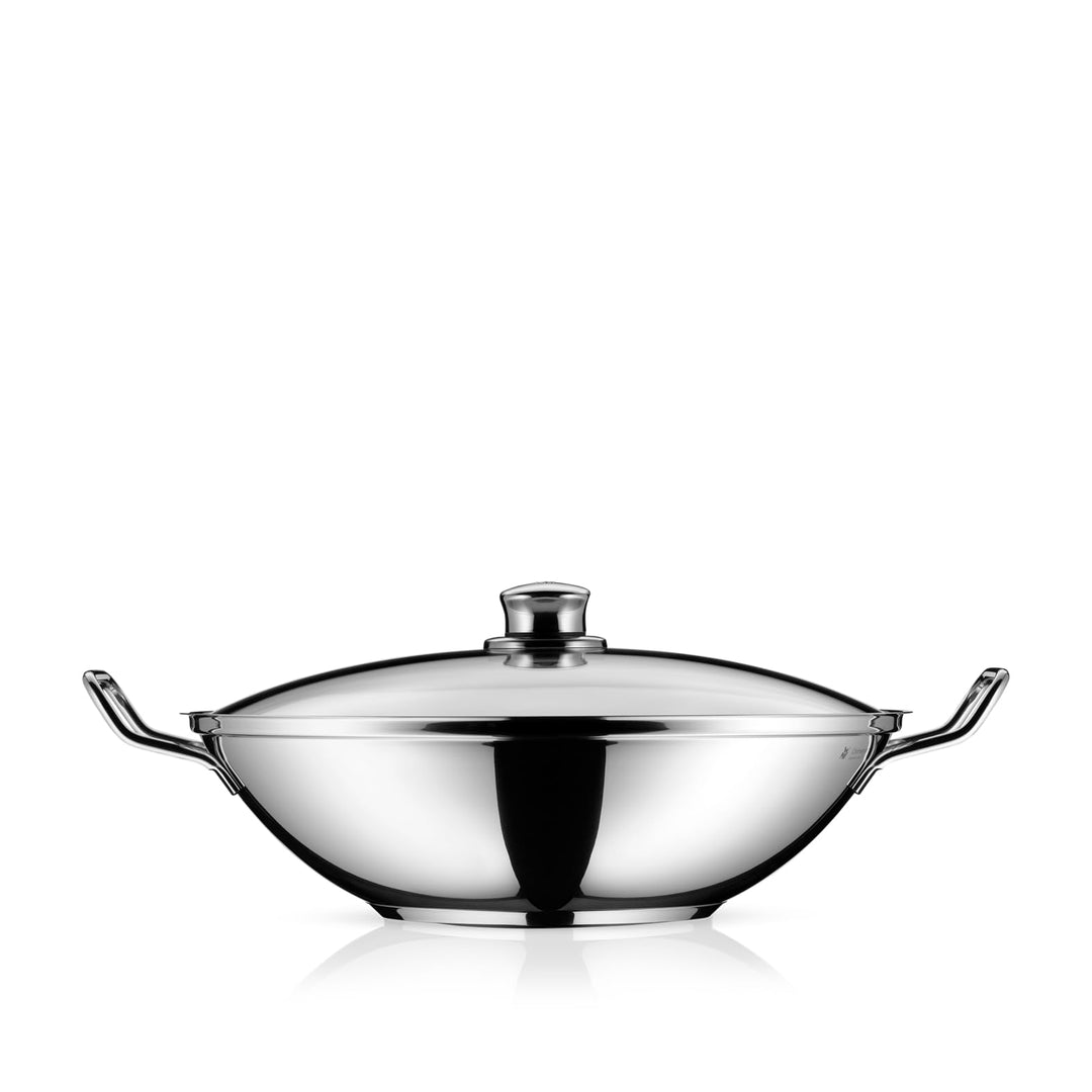 WMF Party Taiwan Wokpfanne Induktion 36 cm, Wok mit Deckel und Ablagegitter, Cromargan Edelstahl unb