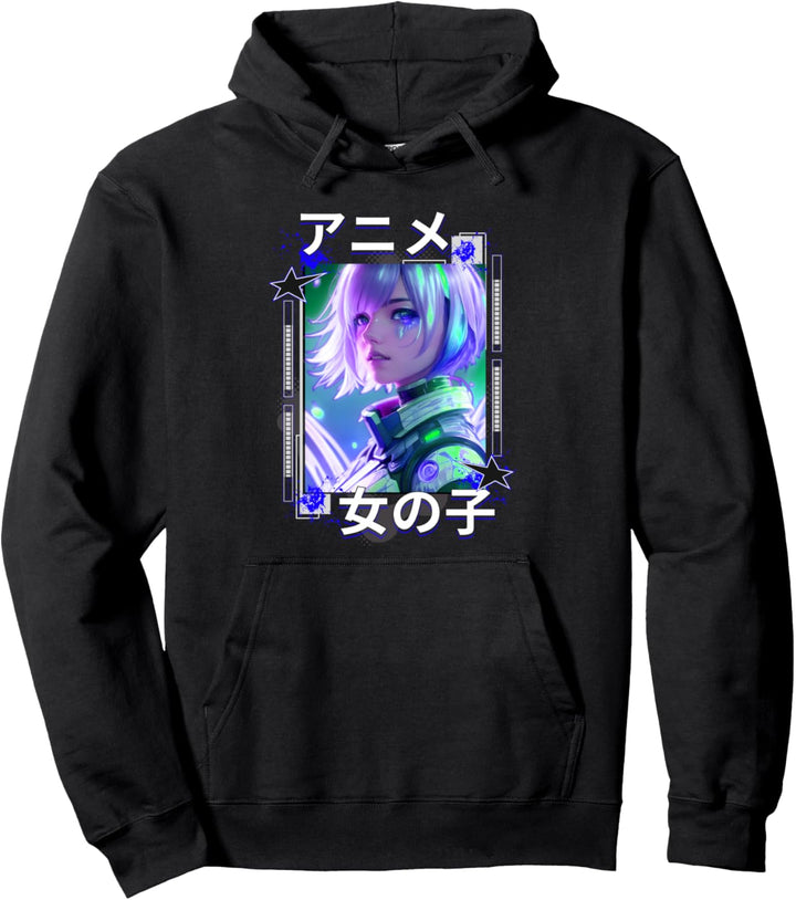 Anime Girl Japanische Schrift Sci-Fi Cyber-Punk Stil Grafik Pullover Hoodie