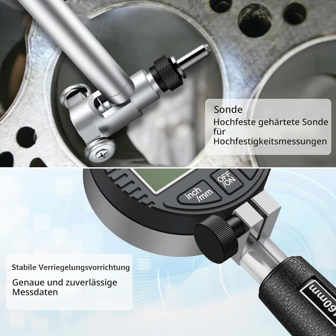Digital Bohrungsmessgerät, Innenmessuhr 50–160 mm, 0,01 mm Genauigkeit, inkl. 12 Messköpfe und ABS-B