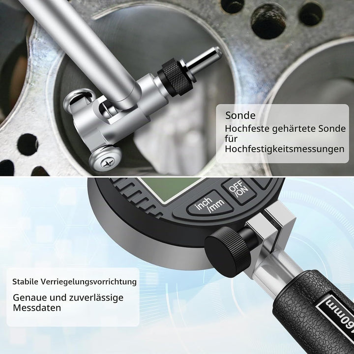 Digital Bohrungsmessgerät, Innenmessuhr 50–160 mm, 0,01 mm Genauigkeit, inkl. 12 Messköpfe und ABS-B