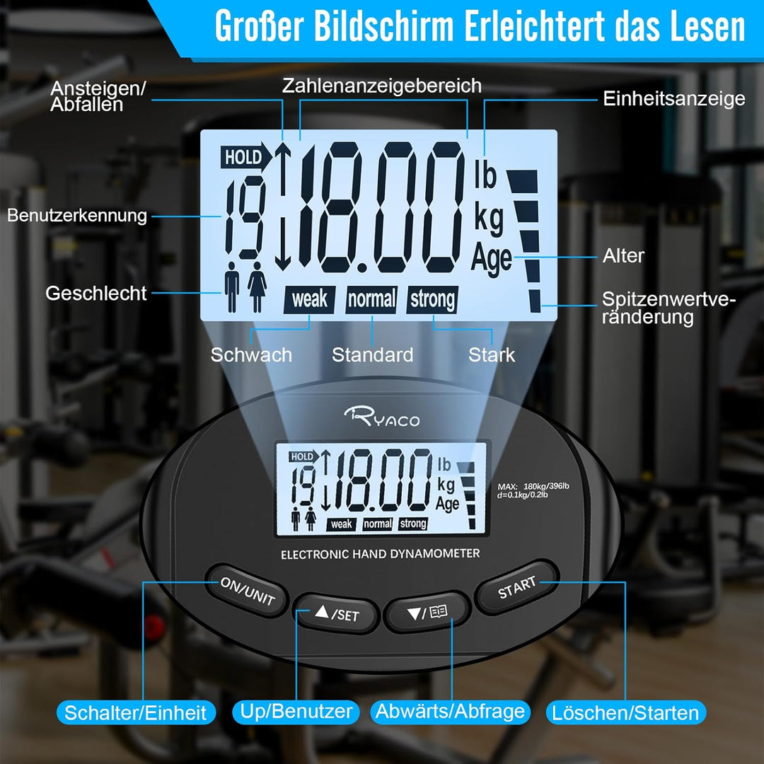 Ryaco Digitaler Handkraftmessgerät, 396lbs/180kg Aufladbar Hand Dynamometer Elektronischer Griffkraf