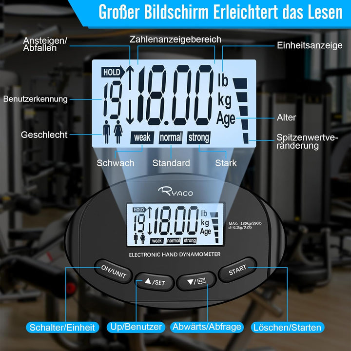 Ryaco Digitaler Handkraftmessgerät, 396lbs/180kg Aufladbar Hand Dynamometer Elektronischer Griffkraf