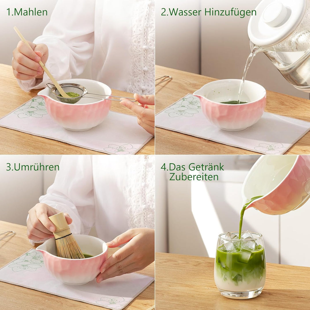 8 Stück Matcha Set Rose mit Besenhalter | Edelstahl-Sieb für klumpenfreien Matcha | Inkl Bambus bese