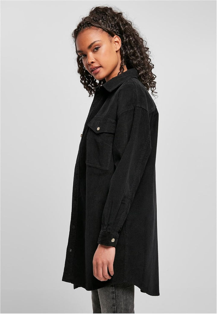 Urban Classics Damen Overshirt-Jacke lange Kord Hemdjacke mit zwei Brusttaschen & Jackentaschen, Grö