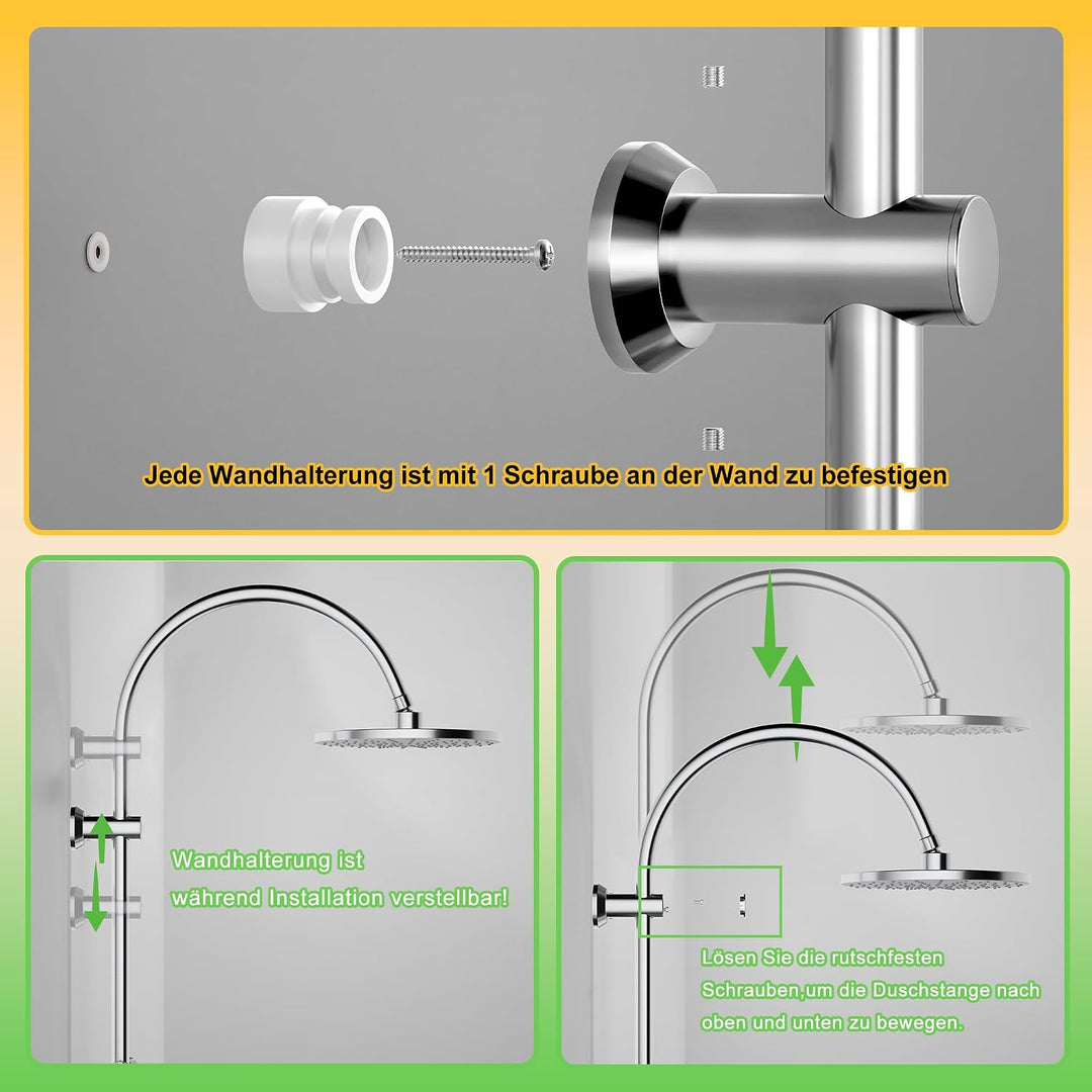 Florenta Regendusche Duschsystem ohne Armatur, Duschset mit Edelstahl-Duschstange, Kopfbrause und Ha