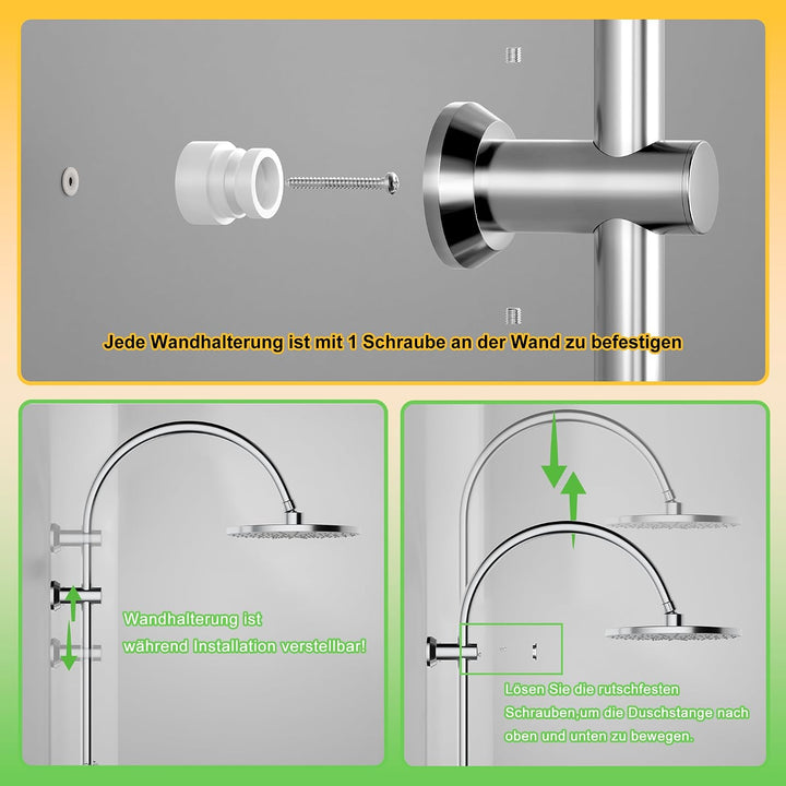 Florenta Regendusche Duschsystem ohne Armatur, Duschset mit Edelstahl-Duschstange, Kopfbrause und Ha