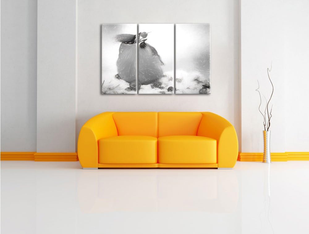 Pixxprint Kleiner Vogel im Schnee Kohle Zeichnung Effekt 3-Teiler Leinwandbild 120x80 Bild auf Leinw