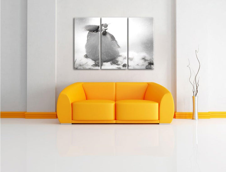 Pixxprint Kleiner Vogel im Schnee Kohle Zeichnung Effekt 3-Teiler Leinwandbild 120x80 Bild auf Leinw