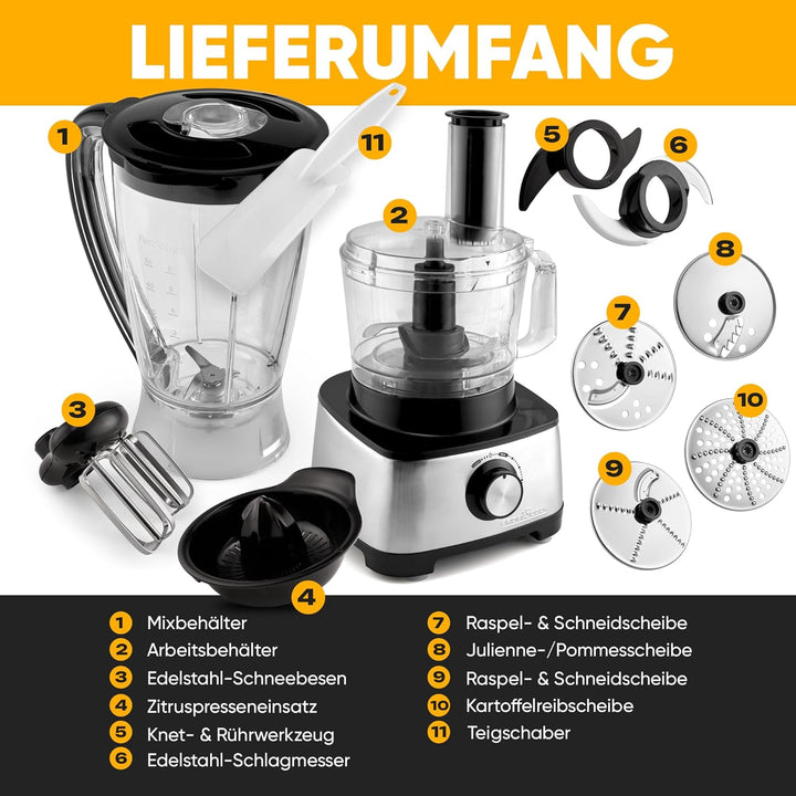 ProfiCook PC-KM 1063 Kompakt-Küchenmaschine m. Edelstahlgehäuse, schneiden kneten mixen, Zitruspress