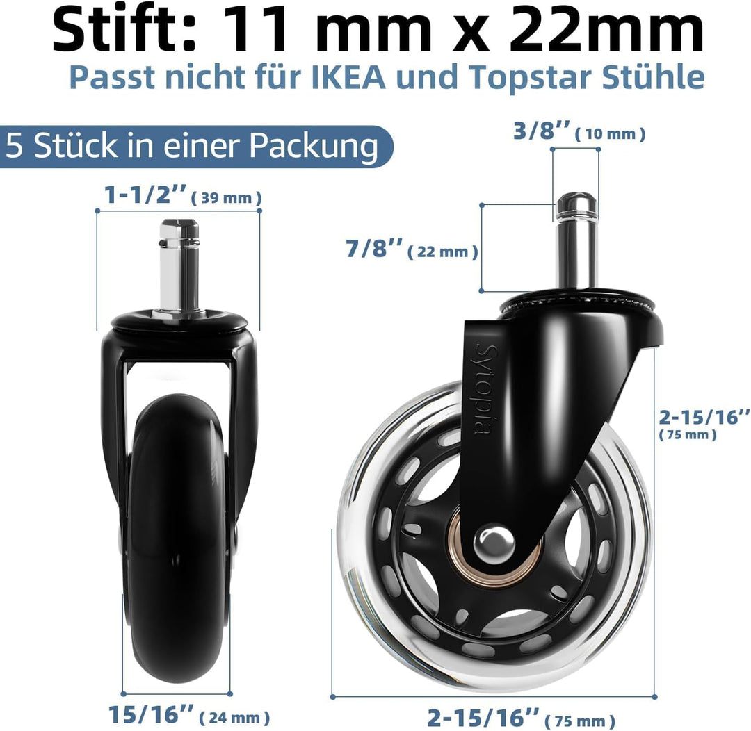 Sytopia Gummirollen Bürostuhl 11mm x 22 mm, 5er Set Rollen für Bürostühle, Parkett Rollen Bürostuhl
