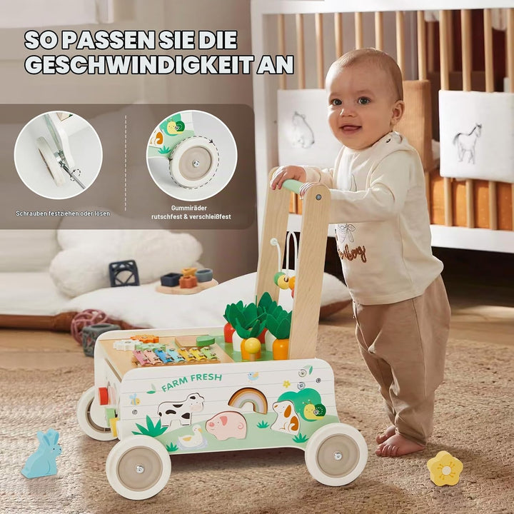 Labebe Lauflernwagen Holz,Baby Lauflernhilfe mit gummierten Holzrädern und Activity Center, Gehfrei