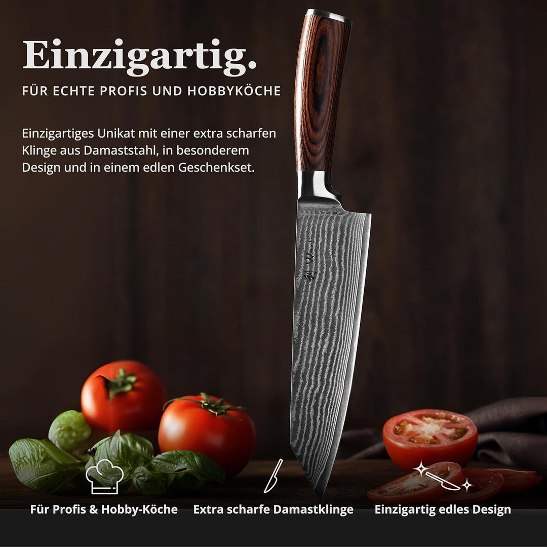 Wakoli EDIB Kiritsuke Messer aus echtem Damaststahl (VG10 Kern) mit 20 cm Klinge – Scharfes Küchenme