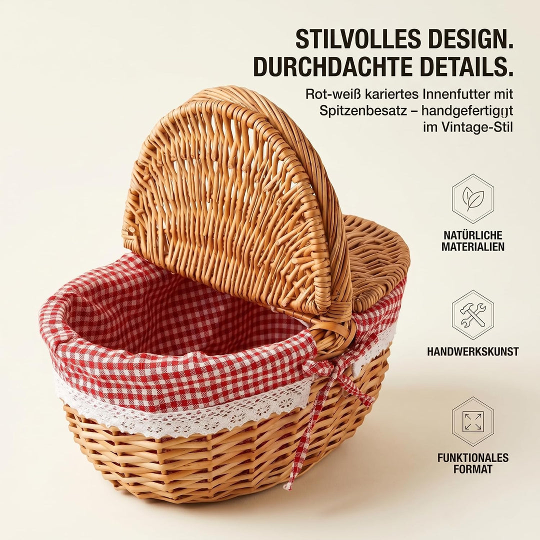 Picknickkorb mit Deckel, grosser Weidenkorb mit henkel und Liner,34x23x17cm