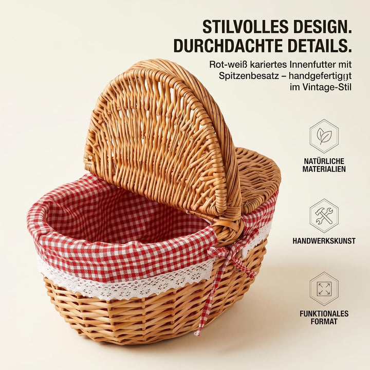 Picknickkorb mit Deckel, grosser Weidenkorb mit henkel und Liner,34x23x17cm