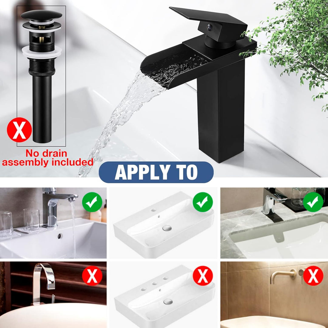 Wasserfall Wasserhahn Bad Schwarz Matt Waschtischarmatur, Modern Einhebelmischer Waschbeckenarmatur,
