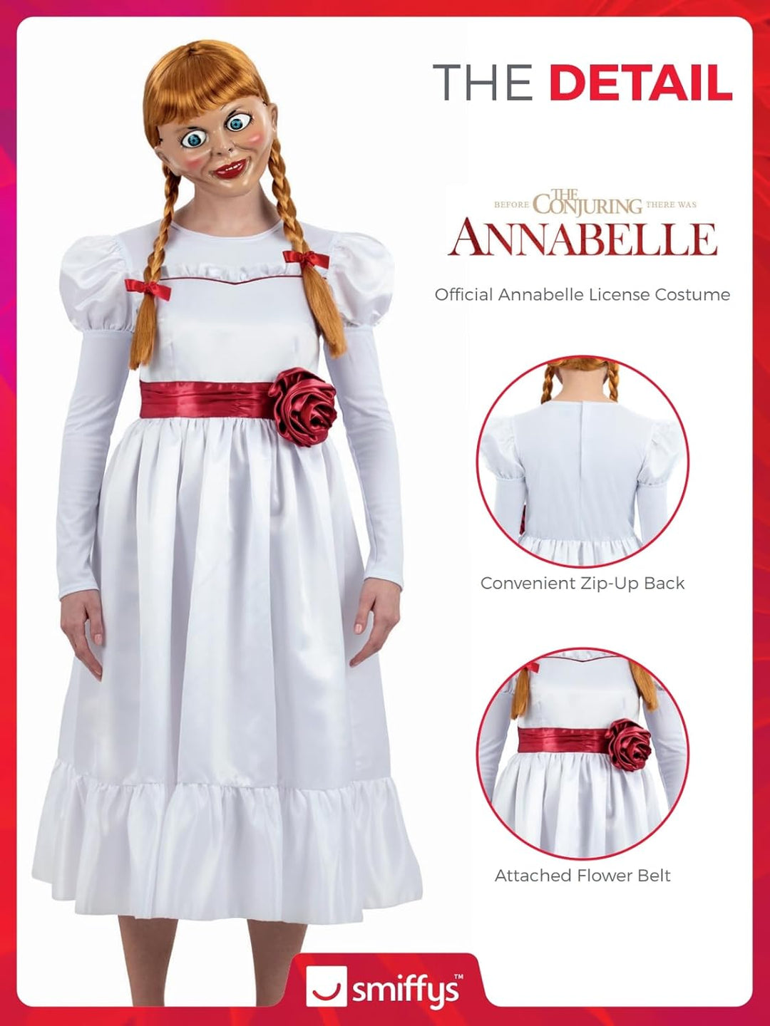 Smiffys Annabelle Kostüm für Erwachsene, Haunting White Dress with Flower Belt, Officially Licensed