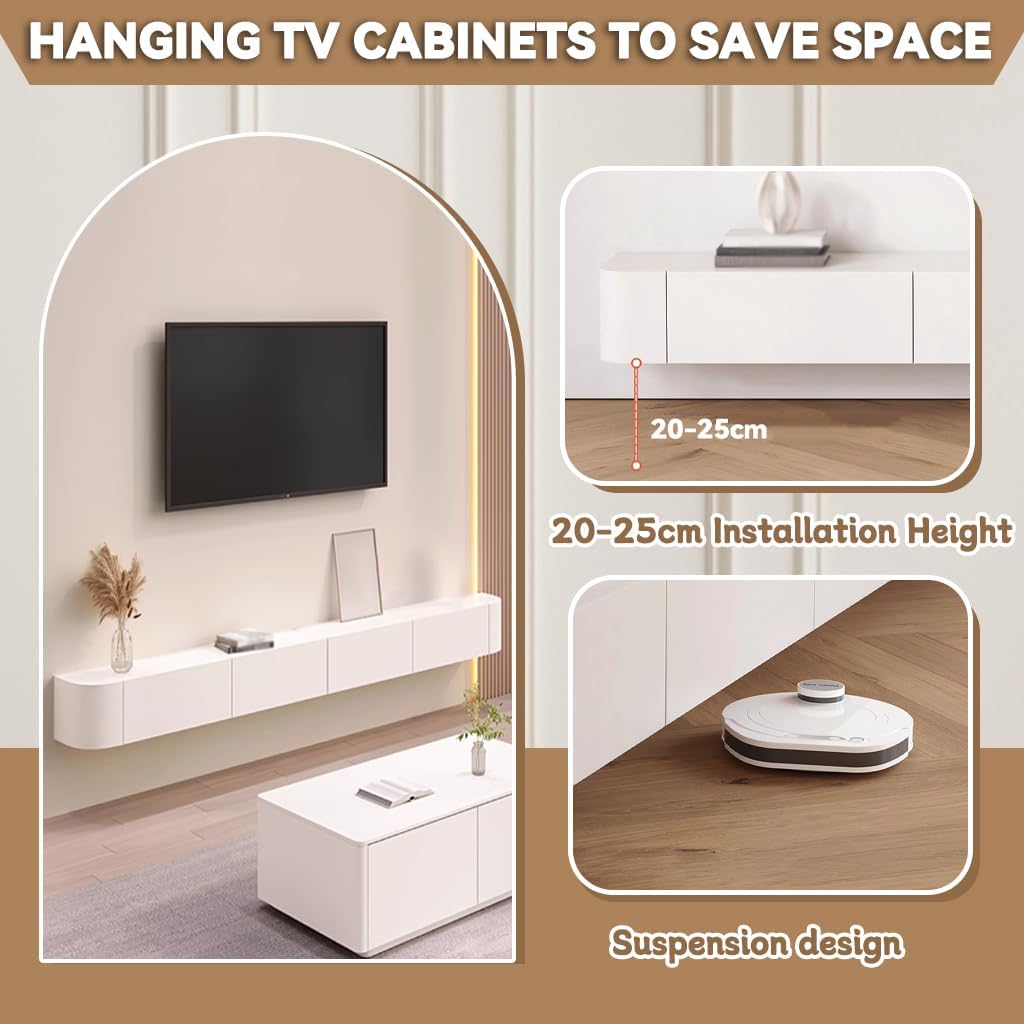 280cm Schwebender TV-Ständer mit Schubladen und Tür, Wandbefestigte TV-Konsole, Massivholz-TV-Schran