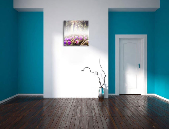 Pixxprint blühende lila Blumen im Wald, Format: 70x70 auf Leinwand, 70x70