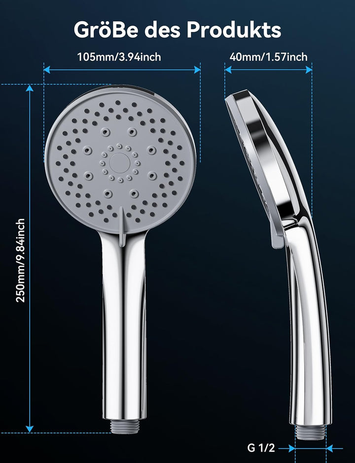 Duschkopf mit schlauch 1,5m, Hochdruck-Duschkopf mit 5 Strahlarten, universeller Handbrause-Duschkop